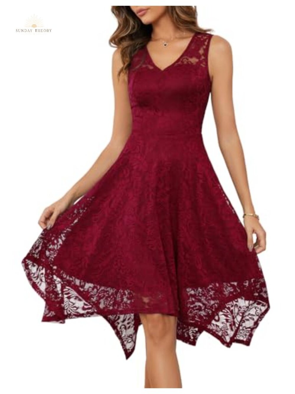 Meetjen Lace V-Neck Handkerchief Hem Swing Cocktail Dress